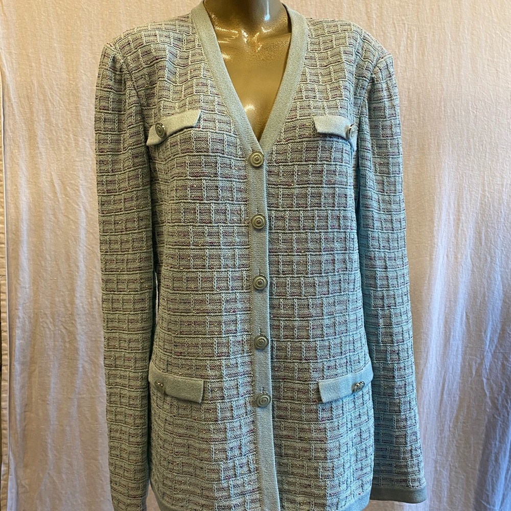 St. John Light Blue Knit Blazer with tweed Textured Pattern.